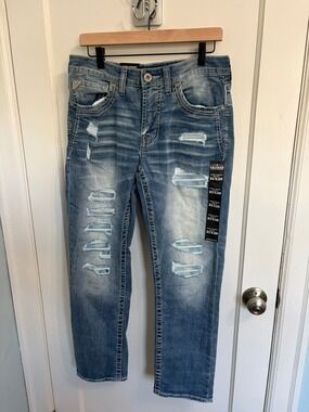 NWT Salvage Havoc Straight Slim Fit Jeans Men's 31x30 Light Wash Distressed Buck